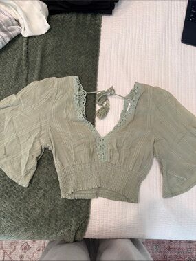 Timing Sage Green Lace-Trim Smocked Crop Top